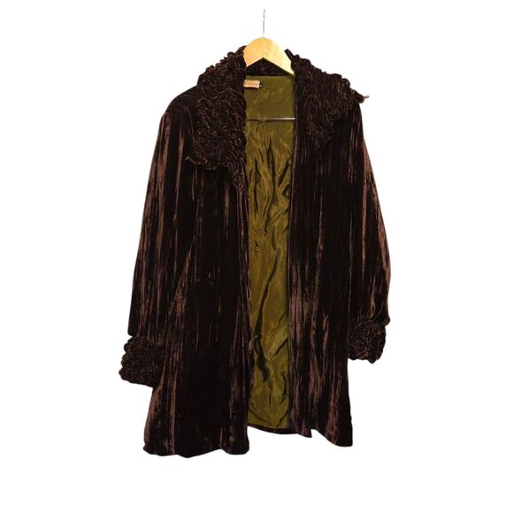 Vintage CUPCAKE Crushed Velvet Jacket Coat Open Front Ruched Accents Plum Purple - Picture 1 of 6